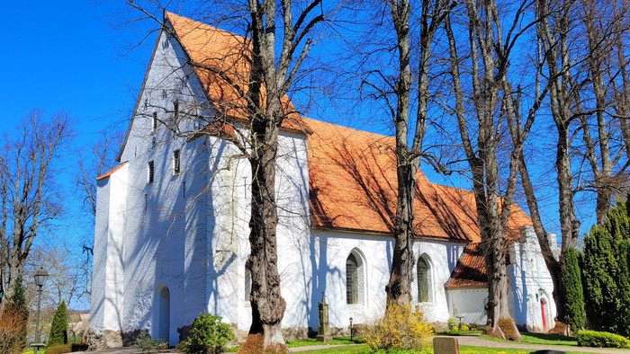 Weißes Kirchegebäude mit rotem Dach und kahlen Bäumen