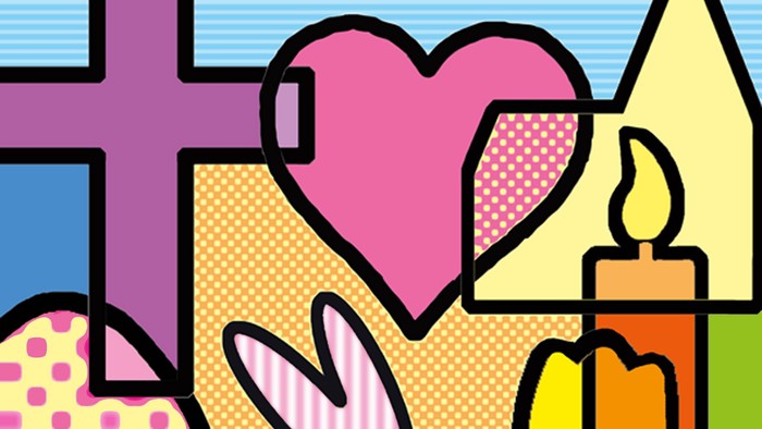 Bunter Popart-Stil mit Herz, Kerze und Händen