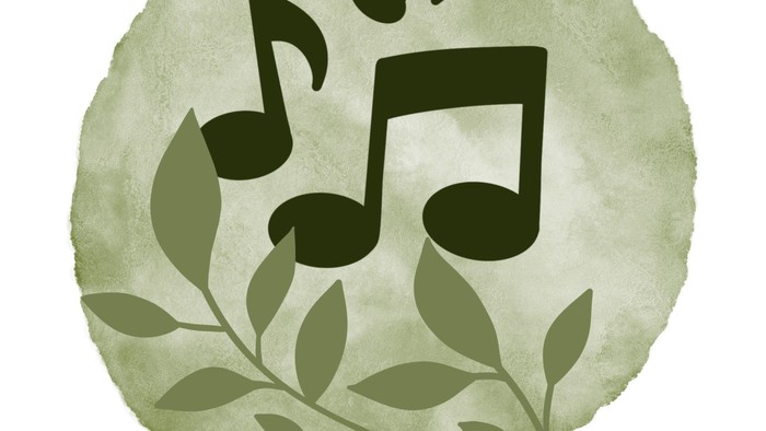 Grüne Musiknoten und Blätter in einem kreisförmigen Design