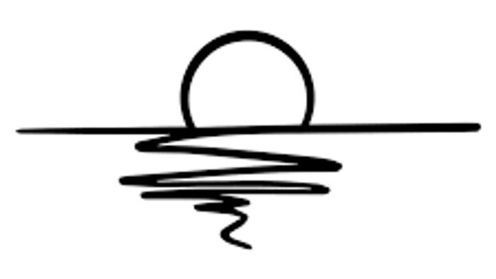 Einfache Strichzeichnung einer untergehenden Sonne über ruhigem Wasser mit sanften Wellen.