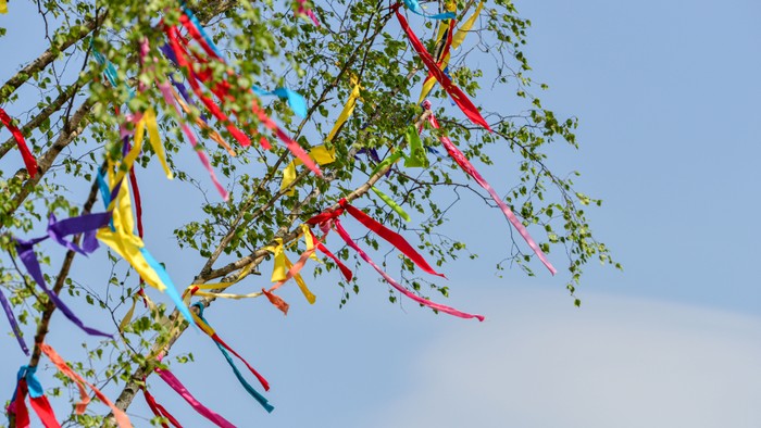 Bunte Bänder, die in den Ästen eines belaubten Baumes vor einem klaren Himmel flattern.