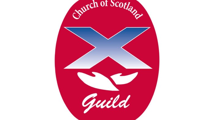 Logo for Church of Scotland Guild featuring a stylized cross and fish symbol on a red oval background.