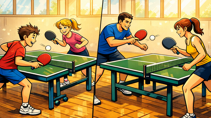 verschiedene Personen spielen gemeinsam Tischtennis.