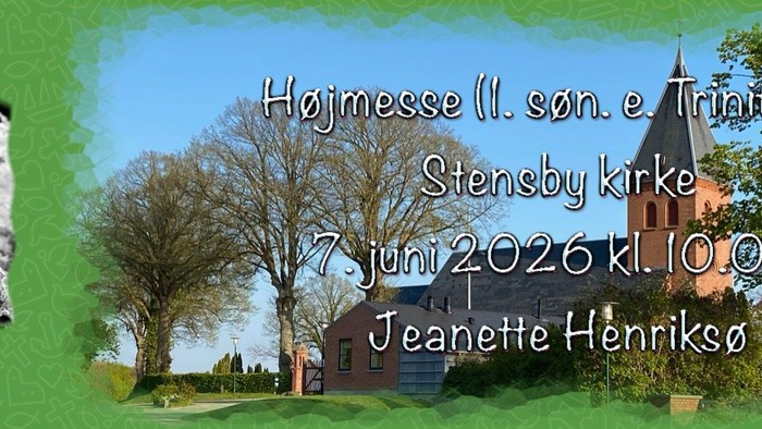 Meddelelse om gudstjeneste til pinsesøndag i Stensby Kirke med detaljer og et foto af Jeanette Henriksø.