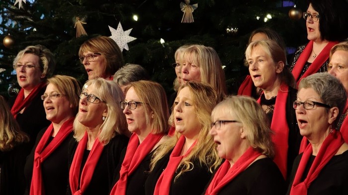Eine Gruppe von Frauen in passenden roten Schals, die während einer festlichen Choraufführung gemeinsam singen.