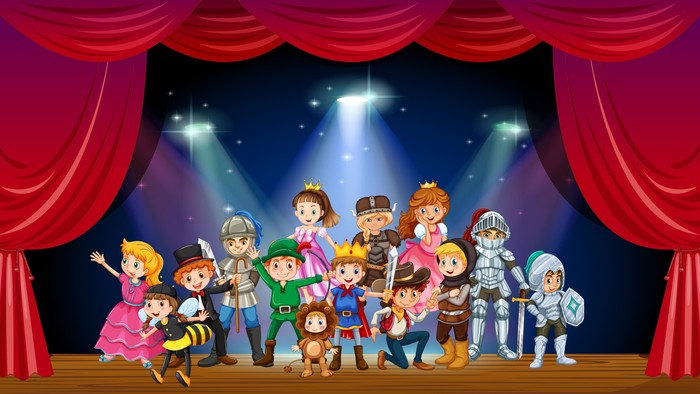 Eine bunte Schar animierter Charaktere tritt auf der Bühne unter dramatischen violetten Vorhängen mit Scheinwerfereffekten auf.