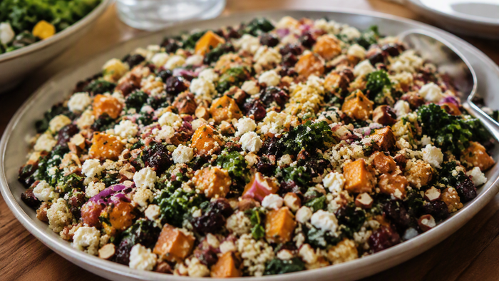 Farverig kornbowl toppet med sprød tofu, grøntsager, feta og ristede grøntsager.