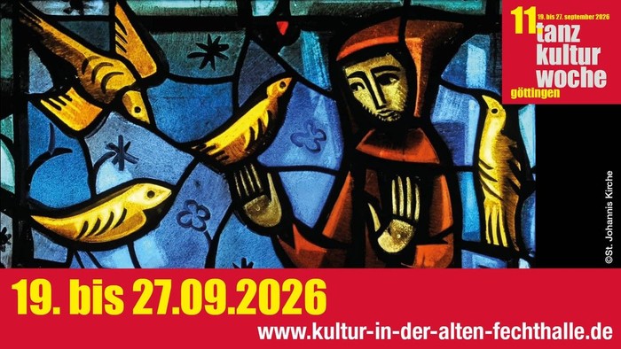 Bunte Glasmalerei-Kunst mit Vögeln und einer mittelalterlichen Figur, die eine kulturelle Tanzveranstaltung vom 19. bis 27. September 2026 bewirbt.
