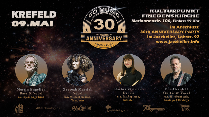 Jubiläumsplakat zur 30-Jahre-Go-Music-Feier in Krefeld mit vier Musikern und Party-Details.