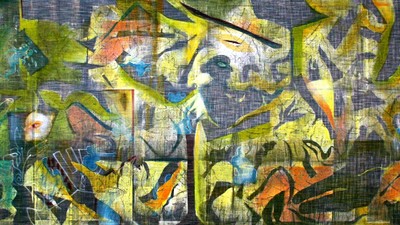 Lebendiges Wandgemälde mit chaotischen, farbenfrohen Szenen von Tieren und menschlichen Figuren in abstrakten, dynamischen Kompositionen.