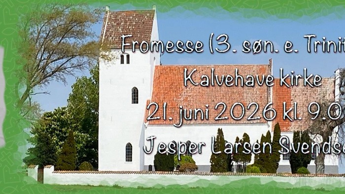 Meddelelse om en kirkelig begivenhed med foto af taleren og Kalvehave Kirke den 21. juni 2026.