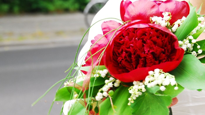 Ein Blumenstrauß mit roten und weißen Blumen auf einer weißen Oberfläche.