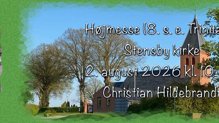 Invitationsbanner til en kirkelig begivenhed den 2. august 2026 med en mand og maleriske kirkeomgivelser.