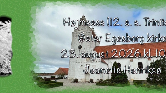 Invitationsbanner til kirkearrangement den 23. august 2026 på Øster Egesborg Kirke med et foto af en kvinde og detaljer.