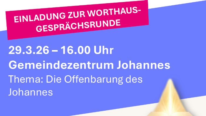Einladung zu einer Worthaus-Diskussionsveranstaltung zum Buch der Offenbarung mit einem Vortrag und QR-Code-Link.