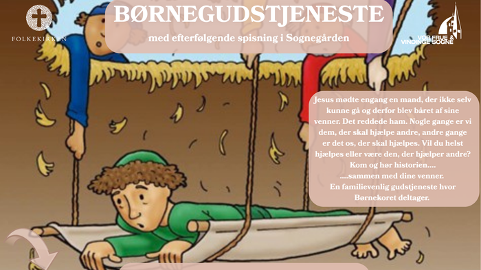 Børnegudstjeneste-annonce med en tegneseriedreng og bibelske historieoplysninger på dansk.