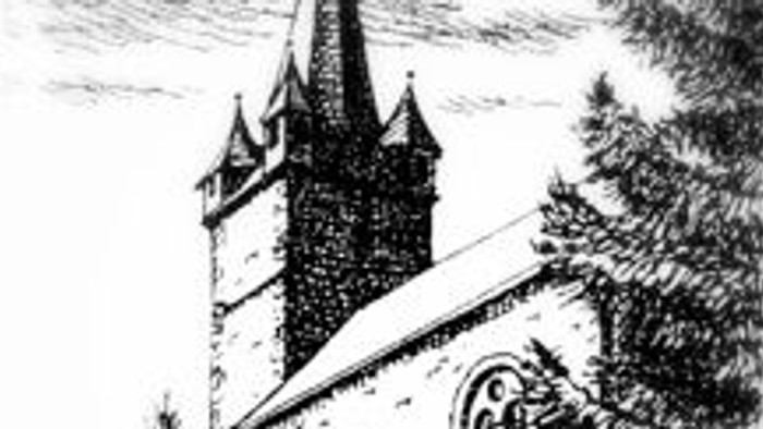 Skizze einer historischen Kirche mit hohem Kirchturm, umgeben von Grünflächen und Steinmauern.