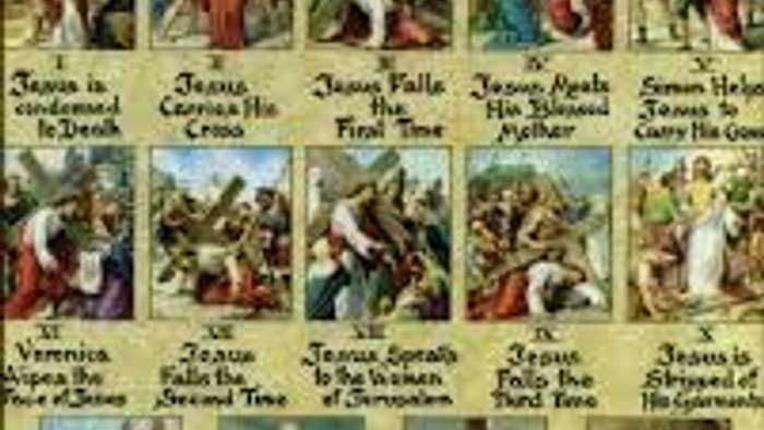 The image depicts the fourteen Stations of the Cross, illustrating key moments from Jesus Christ's crucifixion.