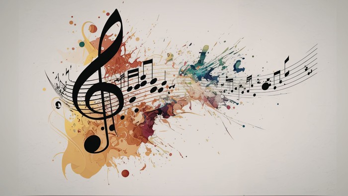 Lebendige Musiknoten und ein Violinschlüssel, kunstvoll mit farbenfrohen Aquarellspritzern vermischt.