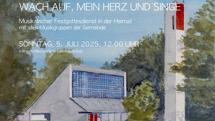 „Bekanntmachung eines festlichen Gottesdienstes mit einer Aquarell-Darstellung einer Kirche und eines Glockenturms sowie Veranstaltungsdetails auf Deutsch.“
