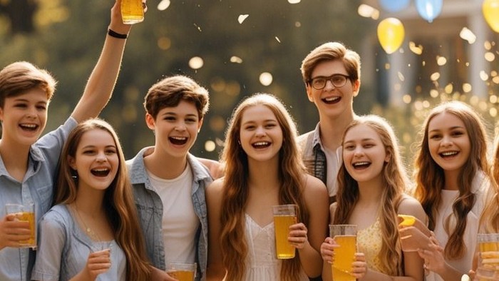 Eine fröhliche Gruppe feiert draußen mit Getränken und Konfetti und strahlt gemeinsam Glück aus.