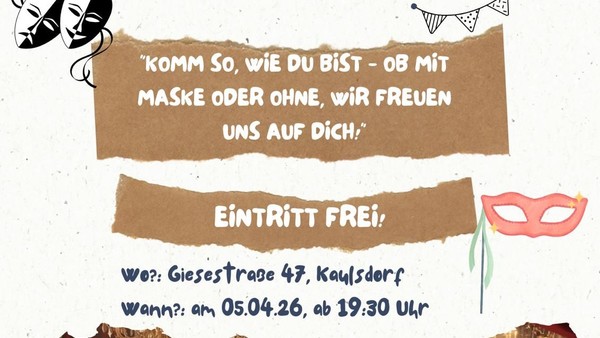 Einladung zum Oster-Maskenball mit der Aufforderung, so zu kommen, wie man ist - inklusive Informationen zum freien Eintritt.