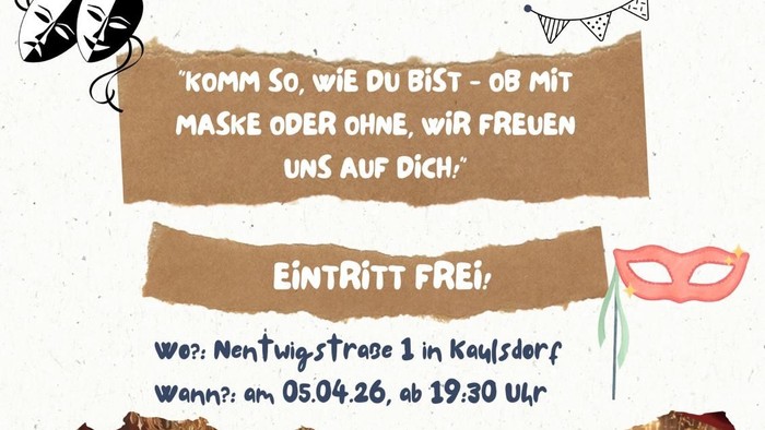 Plakat zur Einladung zum Oster-/Maskenball am 5.4.2026 in der Nentwigstr. 1, 12621 Berlin