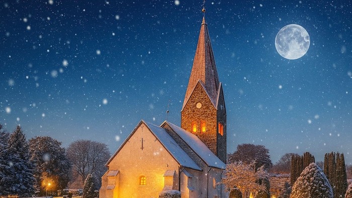 Snefyldt nat med oplyst kirke og fuldmåne.