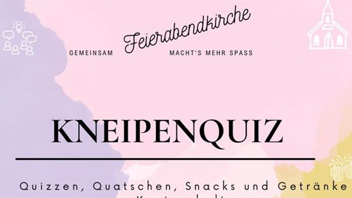 Werbeplakat für ein unterhaltsames Kneipenquiz-Event mit Getränken, Snacks und geselligem Beisammensein namens „Kneipenquiz“.