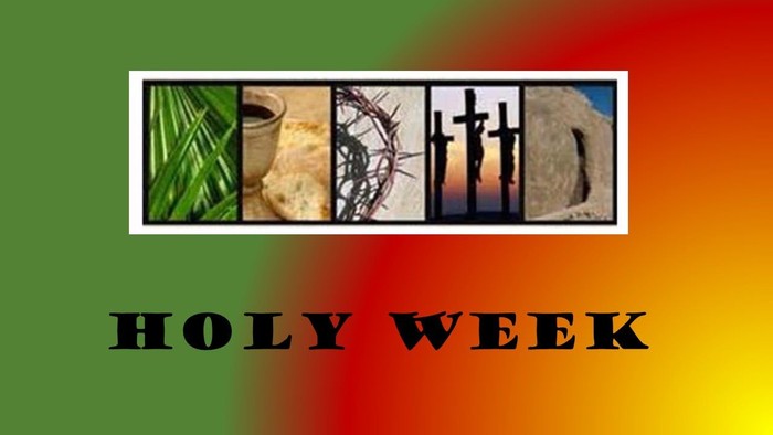 Holy Week images including palm, cross, and tomb