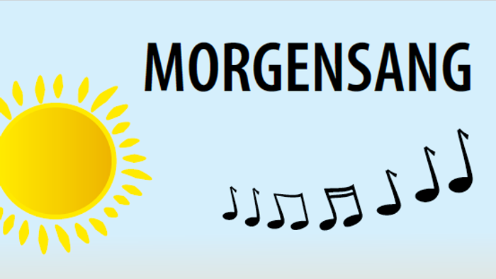 Billede af banner med tekst: Morgensang onsdag kl. 9.30, samt en sol, noder, en kop kaffe og folkekirkens logo: et kors i en grøn cirkel