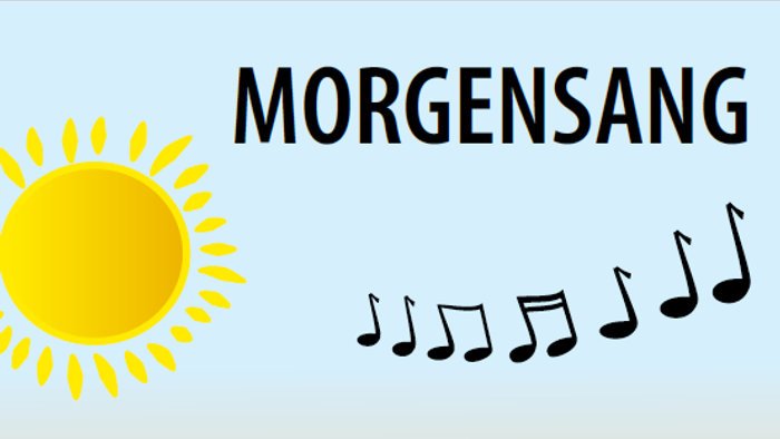 Billede af banner med tekst: Morgensang onsdag kl. 9.30, samt en sol, noder, en kop kaffe og folkekirkens logo: et kors i en grøn cirkel