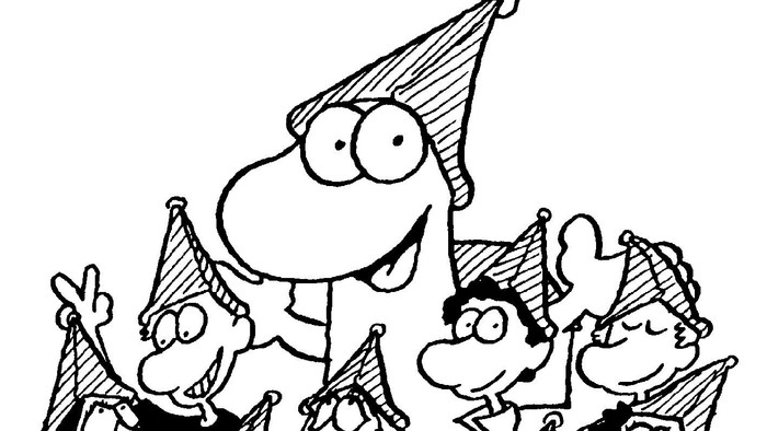 Eine Gruppe von fröhlichen Kindern feiert mit Hüten und Luftballons, darunter steht 