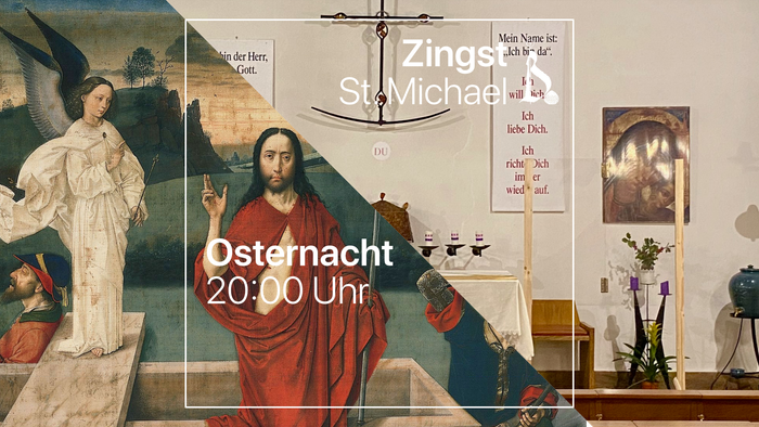 Bild zeigt Zings St. Michael mit religiösen Kunstwerken und Veranstaltungshinweis