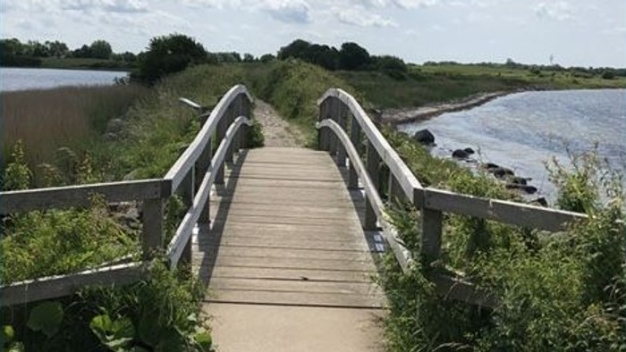 Pfad zwischen zwei Seen, im Vordergrund eine hözerne Brücke.