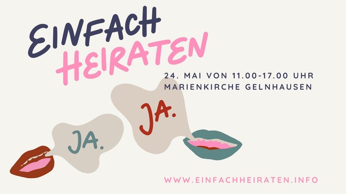 **Flyer für die Veranstaltung *„Einfach Heiraten“** am **24. Mai von 11:00–17:00 Uhr** in der **Marienkirche Gelnhausen** Mit Lippen-Illustrationen und dem Schriftzug *„JA.“** darauf.