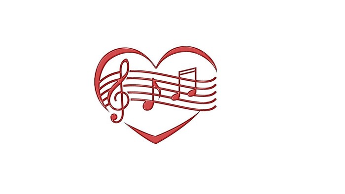 Et hjerteform kombineret med noder, der symboliserer kærlighed til musik.