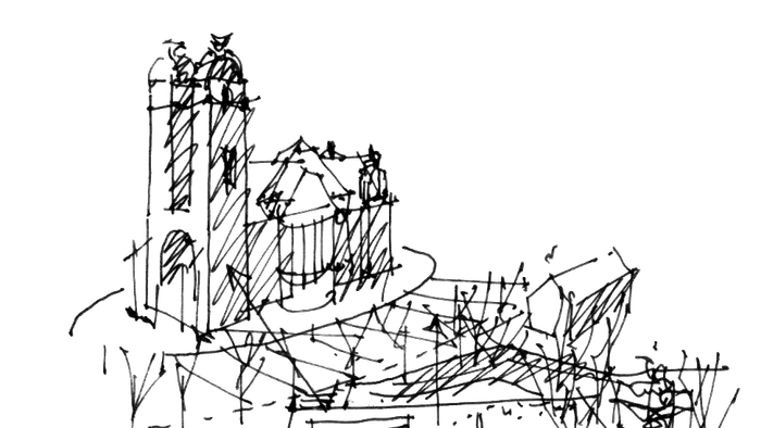 Das Bild zeigt eine skizzenhafte Darstellung eines komplexen Gebäudes mit zahlreichen Ebenen und Brücken.