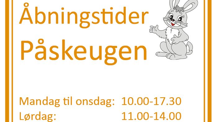 **Påskeåbningstider i kirken** *Med en tegnet kanin og påskeæg* Her er vores åbningstider i påsken: - **Skærtorsdag:** [indsæt tidspunkt] - **Langfredag:** [indsæt tidspunkt] - **Påskelørdag:** [indsæt tidspunkt] - **Påskedag:** [indsæt tidspunkt] - **