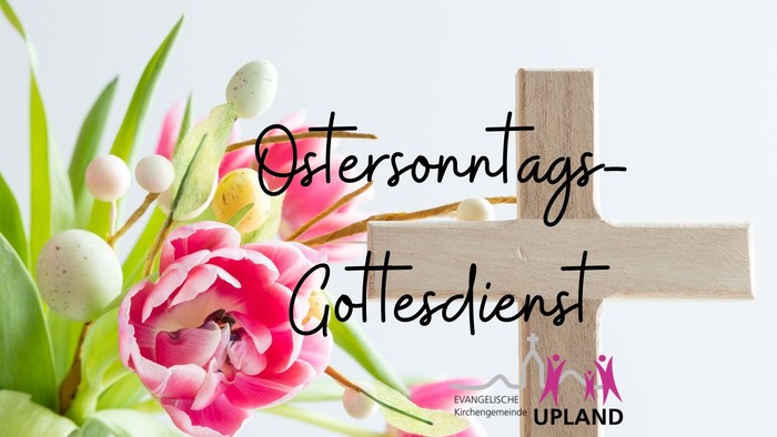 Oster-Sonntagsgottesdienst-Ankündigung mit Blumenkreuz und Gemeinschaftslogo.