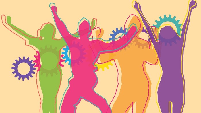Bunte, fröhliche Figuren mit Zahnrädern und Sonnenmotiven, die in lebendigen, dynamischen Posen gemeinsam feiern.