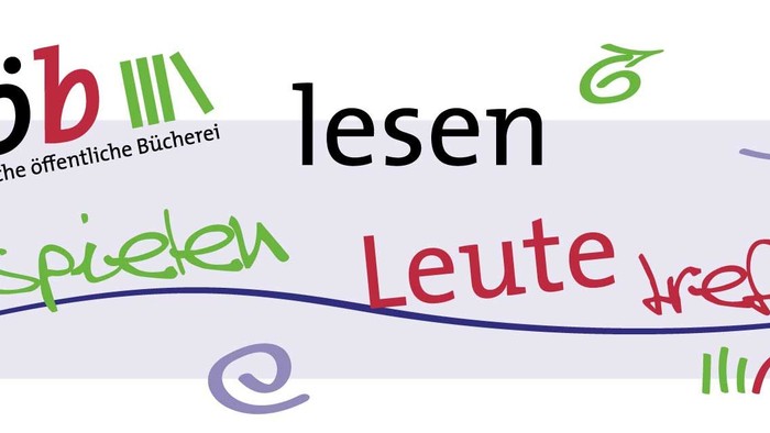 Bunte Wortcollage zur Förderung katholischer Bibliotheksaktivitäten wie Lesen, Spielen und Menschen treffen.