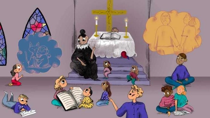 Billedet viser en kirke med præst og troende i bøn.