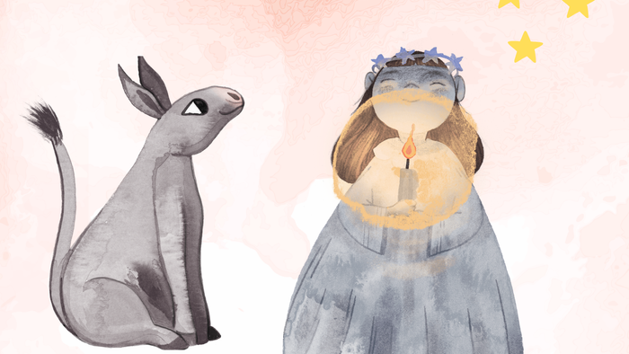 En pige i en blå kjole med en krone og en kat, under tre stjerner.