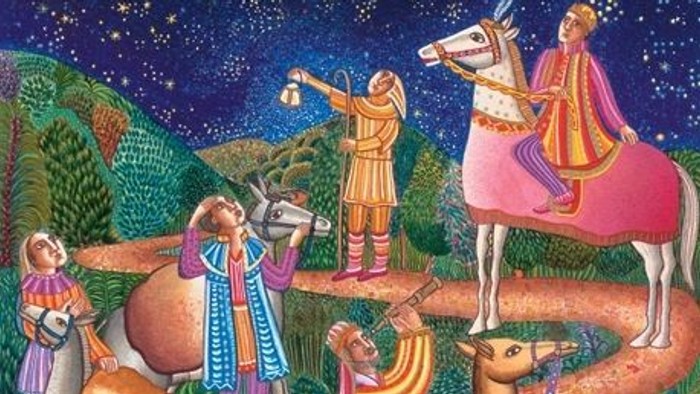 En maleri med figurer i fantasifulde kostumer i en naturen.