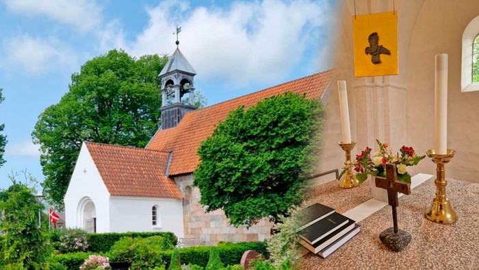 Stilling kirke udefra kirkegården og alter indefra kirken.