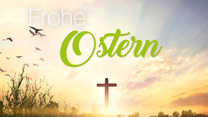 Frohe Ostern mit Kreuz und Vögeln am Sonnenaufgang