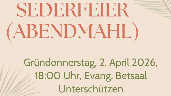 Einladungskarte für ein Seder-Fest (Pessach-Mahl) am 2. April 2026 mit traditionellen Elementen.