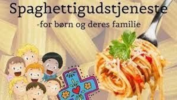 Børn og familie spiser spaghetti med grønnsaker.
