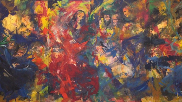 Lebendiges abstraktes Gemälde mit kräftigen, wirbelnden Farben und dynamischen Pinselstrichen.